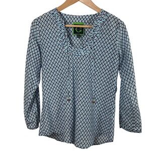 C‎ Wonder Women's Blue Cotton Blouse Long-Sleeve Tile Pattern Size XS/S